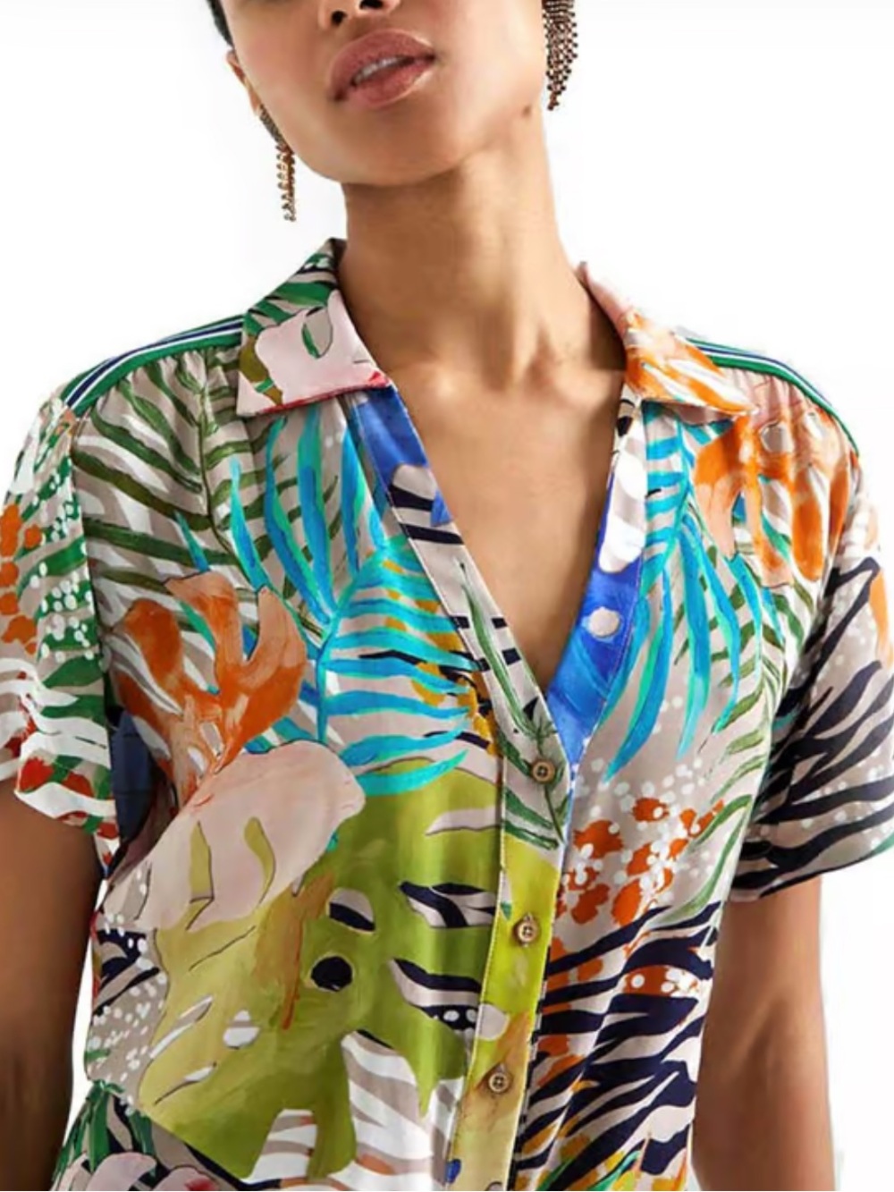NWT Cremona Desigual Multicolor Tropical Print Button-Down Tie-Front Shirt